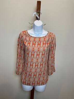 The Limited Size M Orange Long Sleeve Top with Cream Boho Print, High‑Low Hem